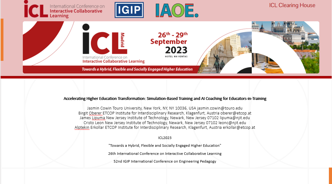 Dr. Jasmin (Bey) Cowin Presents: Accelerating Higher Education Transformation: Simulation-Based Training and AI Coaching for Educators-in-Training for 26th International Conference on Interactive Collaborative Learning