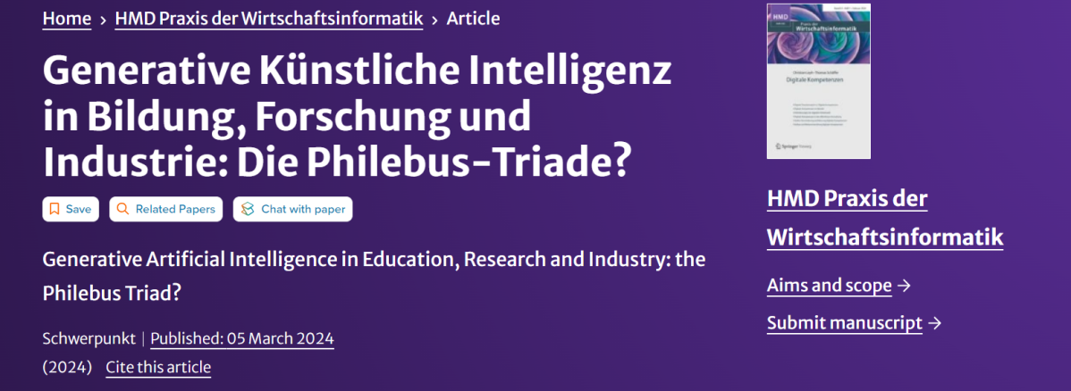 Dr. Jasmin (Bey) Cowin publishes Generative Künstliche Intelligenz in Bildung, Forschung und Industrie: Die Philebus-Triade? in HMD Praxis der Wirtschaftsinformatik, Springer